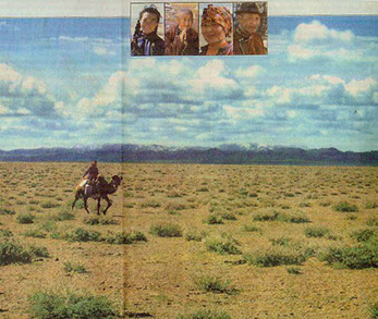 Horse rider on the Mongolian steppe with portrait insets