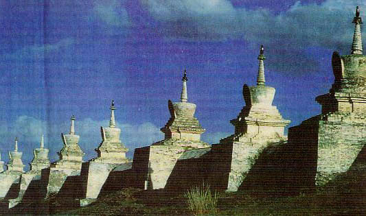 White stupas at a Mongolian monastery