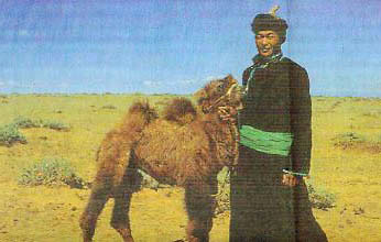 Child with a young camel in Mongolia